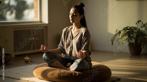 Young Woman Meditating in Peaceful Indoor Setting, Woman Practicing Meditation in Calm Space, Mindfulness Meditation at Home
