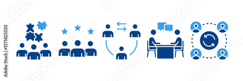 Development Team Icon Set Multiple Style Collection, Containing design Team Collaboration, Talent , Cross Training, Project Discussion, Team Dynamics