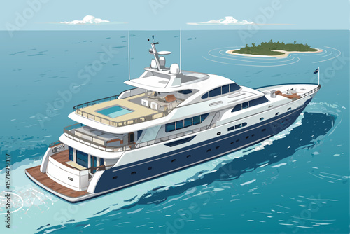 Sleek vector luxury yacht with a mini swimming pool onboard, stylized, modern design, sunny day.