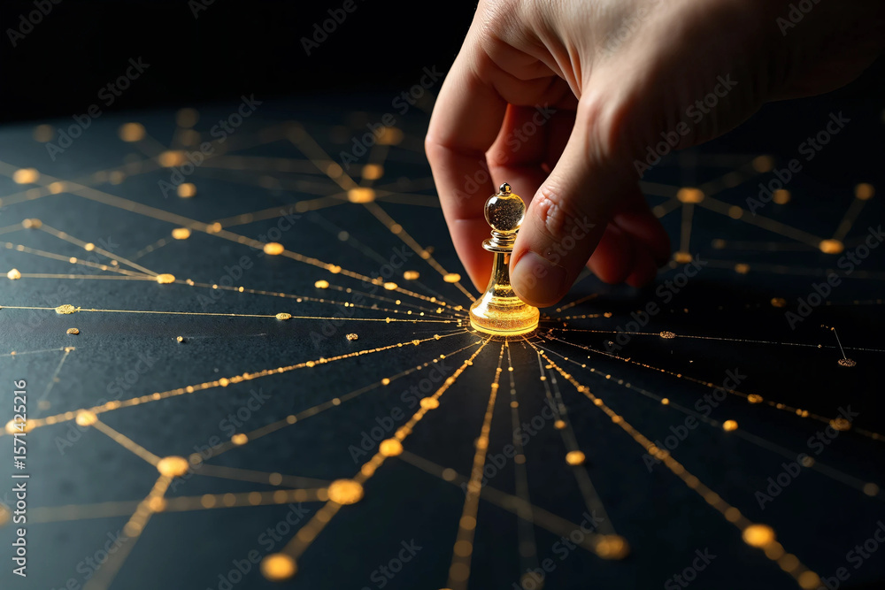 Naklejka premium Top-down concept of a strategic planning network with gold route lines on a black background, pawns as decision points, and a hand making a move, symbolizing leadership, logic, and direction