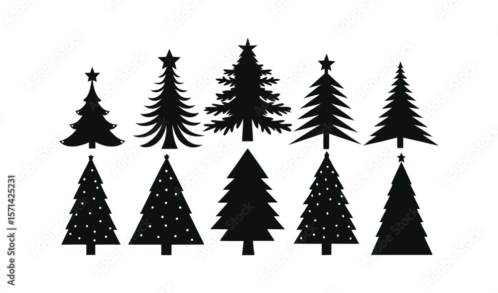 Obraz premium Collection of diverse black christmas tree silhouettes with decorative elements and stars