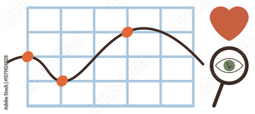 Chart with data points on a grid, magnifying glass over an eye icon, heart symbol. Ideal for data analysis, growth, insights, connections, customer engagement, market research simple flat metaphor