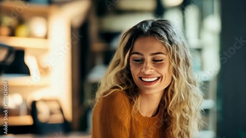Happy Woman Smiling While Relaxing at Home, Joyful Woman with Positive Attitude, Smiling Woman in Cozy Indoor Environment
