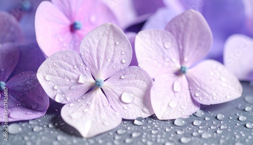紫陽花のマクロショット、雨粒と静けさ、梅雨のイメージ