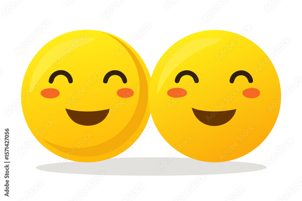 Two yellow round happy emoji symbols icons together on white background Two yellow round happy emoji symbols icons together on white background