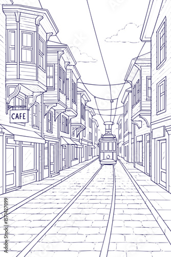 Historic tram on narrow street in vintage line art style with old buildings