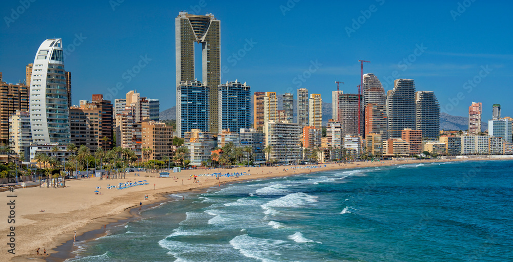 Naklejka premium Spain. Beach seaside resort Benidorm. Travel and tourism in the paradise Spanish cities 