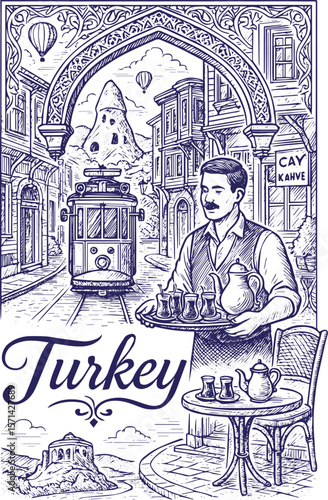 Turkish street scene in vintage line art style with tram and tea service