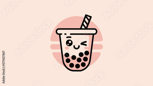 A cartoon bubble tea with a face and straw on a light pink background with a pink circle behind it