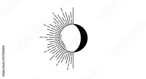 Half sun and half moon illustration with rays symbolizing equinox day  