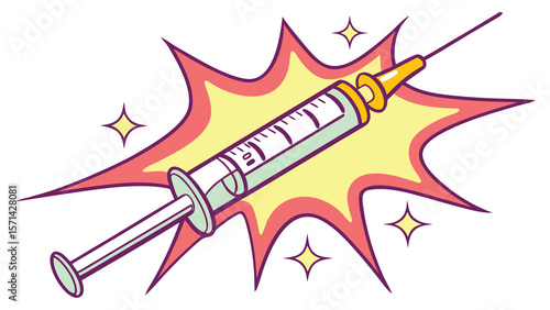 Illustration of a syringe with a needle against a starburst background with sparkles around it