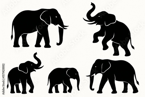 Elephants in Various Poses Black Silhouette Vector Collection on White Background