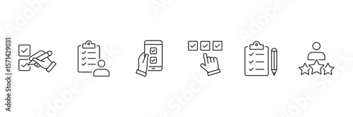 Survey feedback checklist icon set with hand holding pen clipboard mobile rating and tick box in line vector illustration.