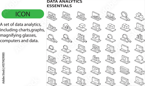 A set of data analytics, including charts, magnifying glass, computers, and data editable icon.