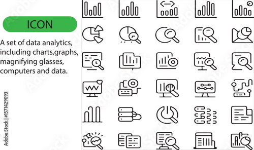 A set of data analytics, including charts, magnifying glass, computers, and data editable icon.