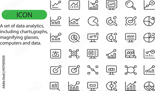 A set of data analytics, including charts, magnifying glass, computers, and data editable icon.
