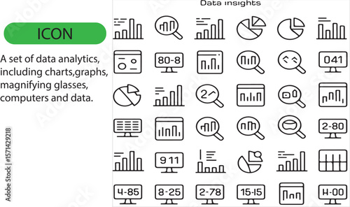 A set of data analytics, including charts, magnifying glass, computers, and data editable icon.