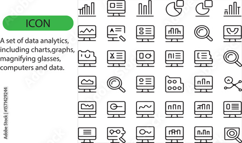 A set of data analytics, including charts, magnifying glass, computers, and data editable icon.