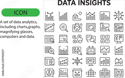 A set of data analytics, including charts, magnifying glass, computers, and data editable icon.
