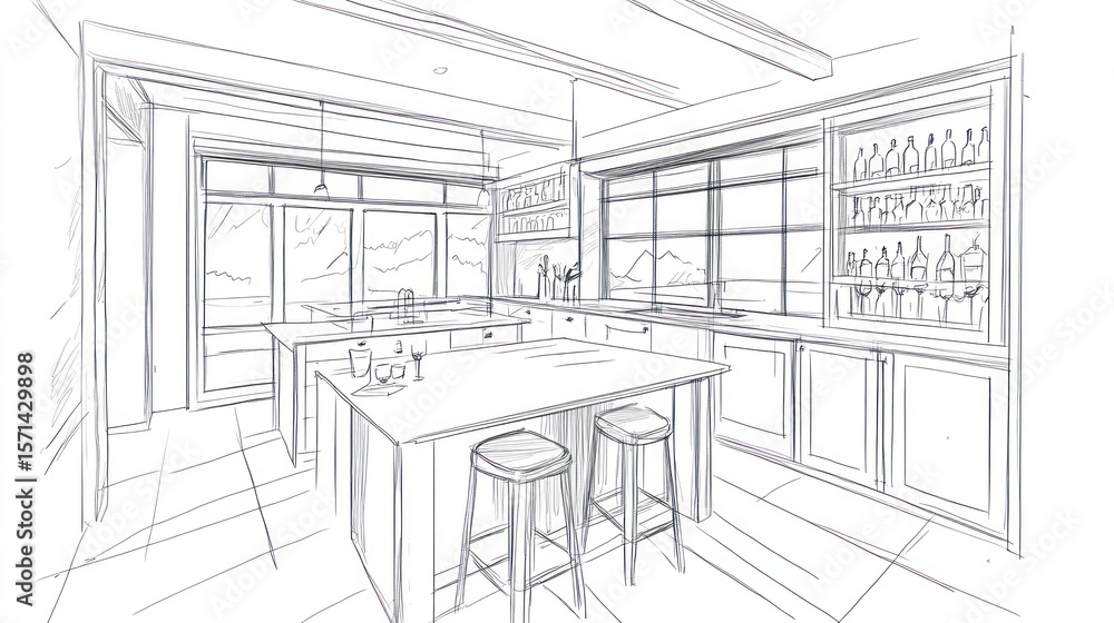 Fototapeta premium Interior design sketch of a modern kitchen.