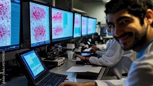 Scientists Analyzing Data in Laboratory, Medical Research Collaboration in Laboratory, Laboratory Scientists Working with Digital Screens
