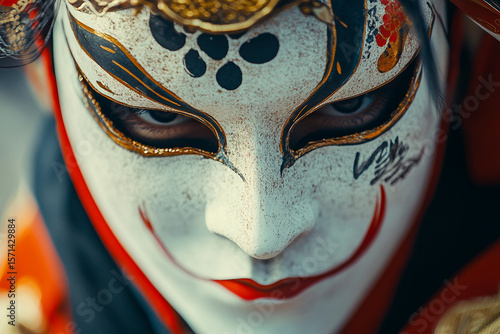 Traditional Japanese Yokai Festival Mask Close Up with Cultural Oriental Holiday Celebration Spirit and Mythical Folklore Generative AI