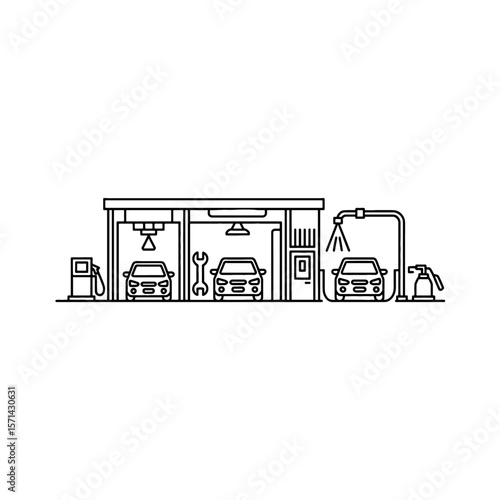 Minimalist Line Art Car Service, Repair, and Wash Station.