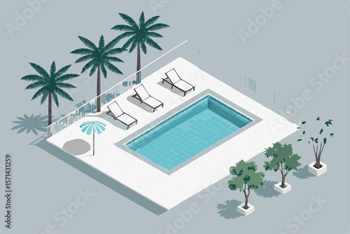 Vector minimalist isometric pool scene with sharp lines, turquoise water, white tiles, and sunny weather.