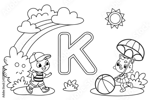Vector line art of the alphabet K with fun cartoon characters, black and white, designed for coloring page use, easy for preschool kids