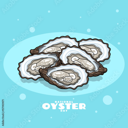 National Oyster Day celebrated on August 5th. Fresh and delicious oysters on a sky blue background. Seafood event banner.