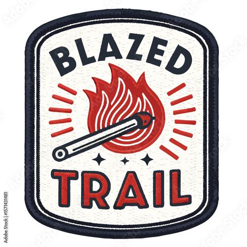 Stylized patch icon showing a matchstick igniting a path, symbolizing discovery, journey, and new ventures.