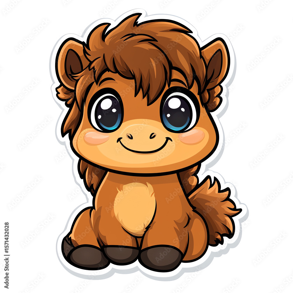 Obraz premium Adorable Cartoon Baby Horse, Brown Pony, Big Eyes, Cute Animal Illustration, Perfect for Kids' Products, Stickers, and More!