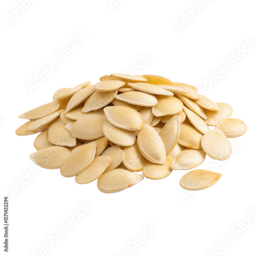 Pile of raw pumpkin seeds isolated on transparent background closeup