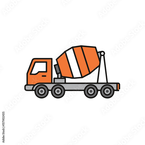 A concrete mixer truck with a bright orange and gray color palette.