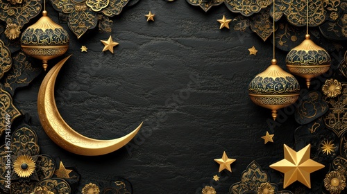 Gold crescent moon and ornate decorations on dark background