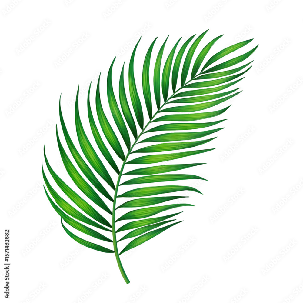Single vibrant green palm frond leaf isolated on white background detailed illustration tropical foliage botanical element lush vibrant greenery natural plant design element Single vibrant green palm frond leaf isolated on white background detailed illustration tropical foliage botanical element lush vibrant greenery natural plant design element
