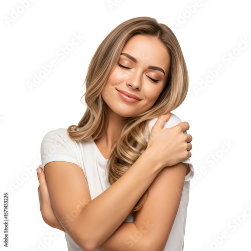 Wallpaper Mural A young woman with a peaceful smile and closed eyes, giving herself a gentle hug Torontodigital.ca