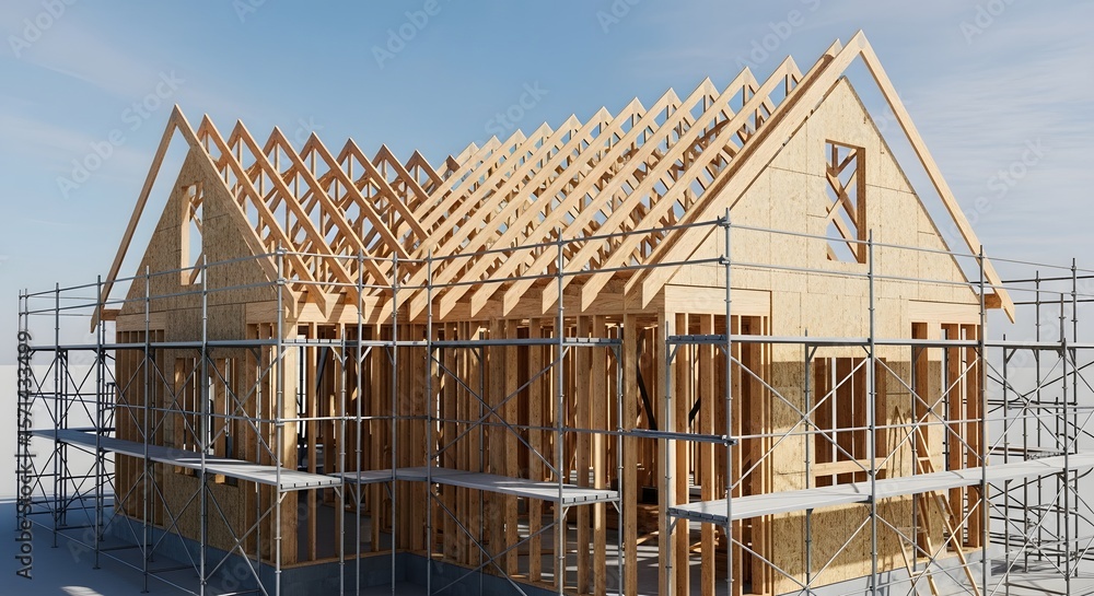 Obraz premium House under construction with wooden frame and scaffolding against a clear blue sky background view