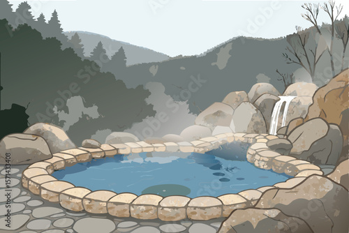 Vector art mountainside onsen, hot spring pool, steam, rocks, trees, serene, natural, minimalist, calming, inviting.