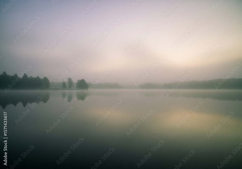 Fototapeta premium Serene Misty Lake at Sunrise A Peaceful Landscape Photograph