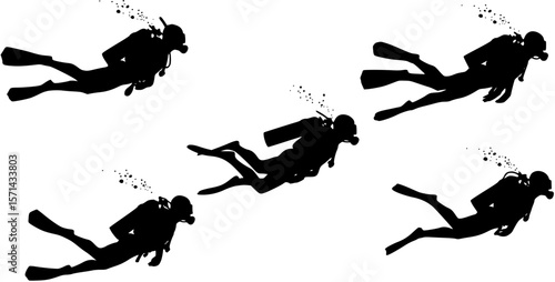Black silhouette of a scuba diver wearing a wetsuit swimming underwater vector art,