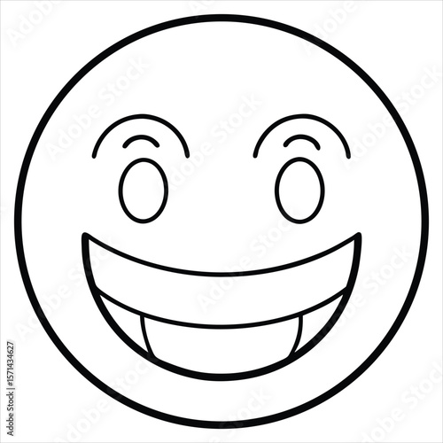 Vector art of a broadly grinning cartoon smiley face showing teeth. Perfect for use in children's content, educational materials, emoticon or sticker packs, mobile apps, playful branding