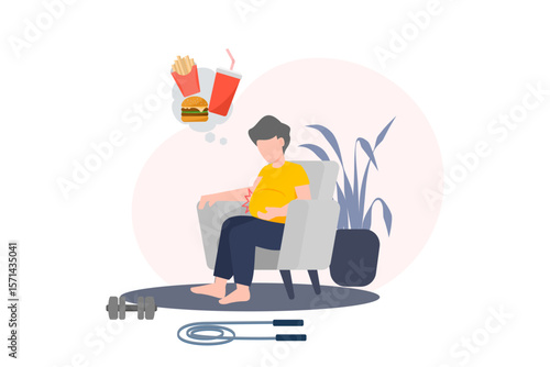 Flat style illustration of an overweight young man sitting on a chair, daydreaming about fast food, surrounded by unused fitness gear. Concept of poor lifestyle and health care.