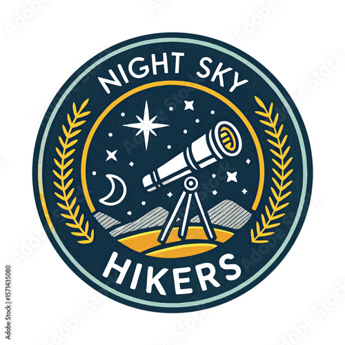 A graphic patch featuring hikers viewing a starry night sky with a telescope icon.