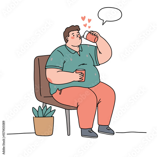Plus-size man enjoying a drink while sitting on a chair