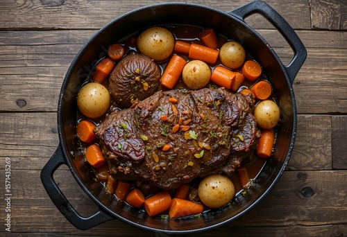 Traditional American pot roast with carrots and potatoes in cast iron Dutch oven, rustic wooden background, top-down view.