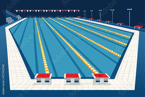 Top-view vector art Olympic swimming pool, racing lanes, pristine water, competition ready.