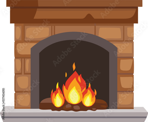 A realistic, detailed cozy fireplace with glowing embers, perfect for warmth and relaxation.