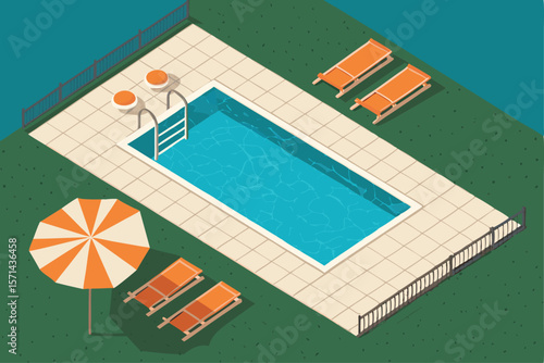 Vector overhead view of a rectangular backyard swimming pool with patio, garden, and green lawn.