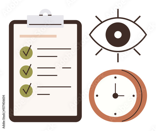 Task checklist with green checkmarks, eye symbolizing focus, and an analog clock. Ideal for productivity, time management, goal setting, organization, deadlines, project planning simple flat